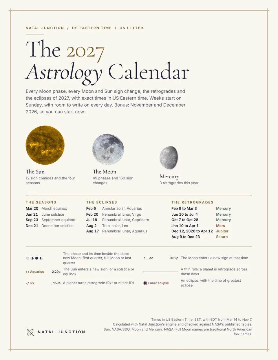 Cover of the 2027 Astrology Calendar, US Eastern edition, with NASA photographs of the Sun, the Moon and Mercury and a key to the seasons, eclipses and retrogrades of 2027.