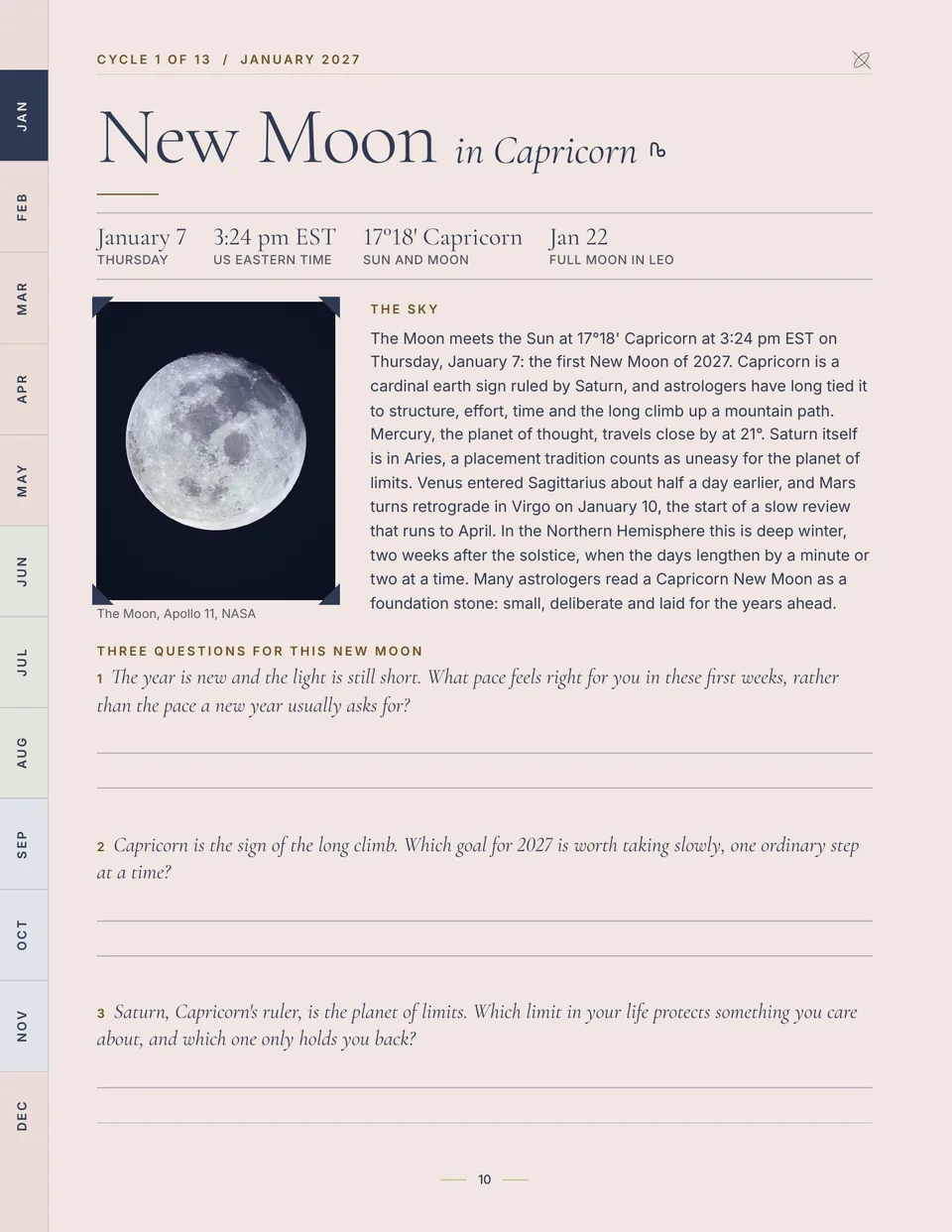 The page that opens cycle 1: New Moon in Capricorn on January 7 at 3:24 pm EST, with a NASA Moon photograph, a note on the sky that day and three reflection questions.