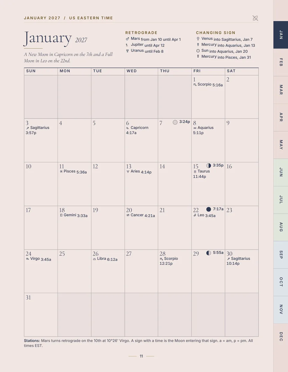 The January 2027 month grid, with the Moon's sign changes and the phase times on each day and the month's retrograde and sign-change notes at the top.