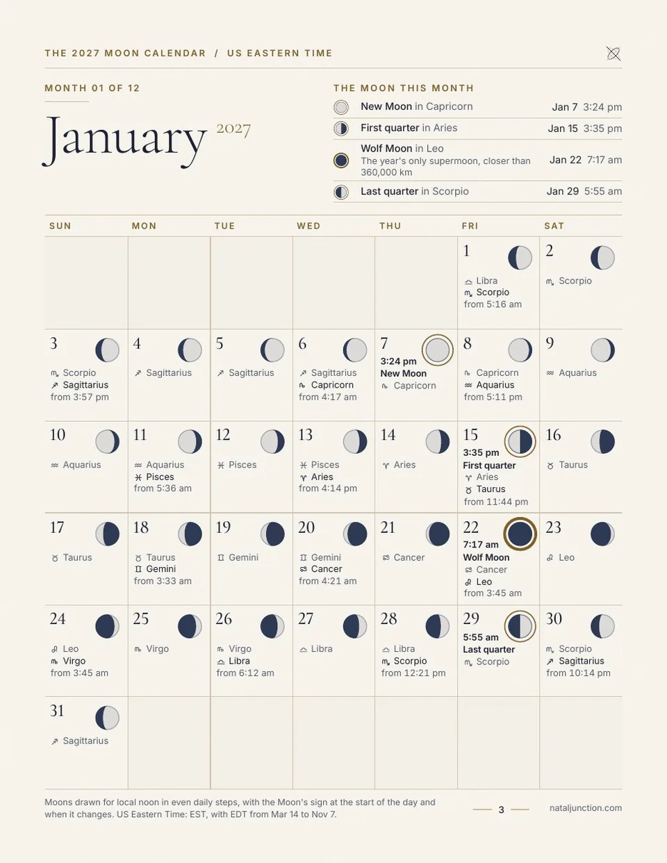 The January 2027 month page in the Ivory design: a Moon for every day, the Moon's sign under each date and the times of the New Moon, first quarter, Wolf Moon and last quarter at the top.
