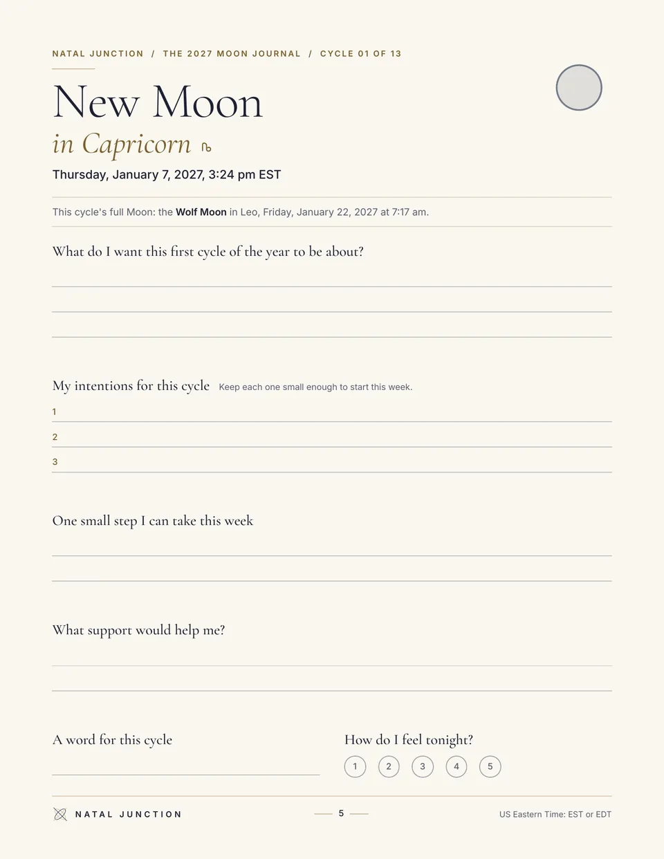 The New Moon page of cycle 1: New Moon in Capricorn, Thursday, January 7, 2027 at 3:24 pm EST, with questions for the cycle and lines for three intentions.