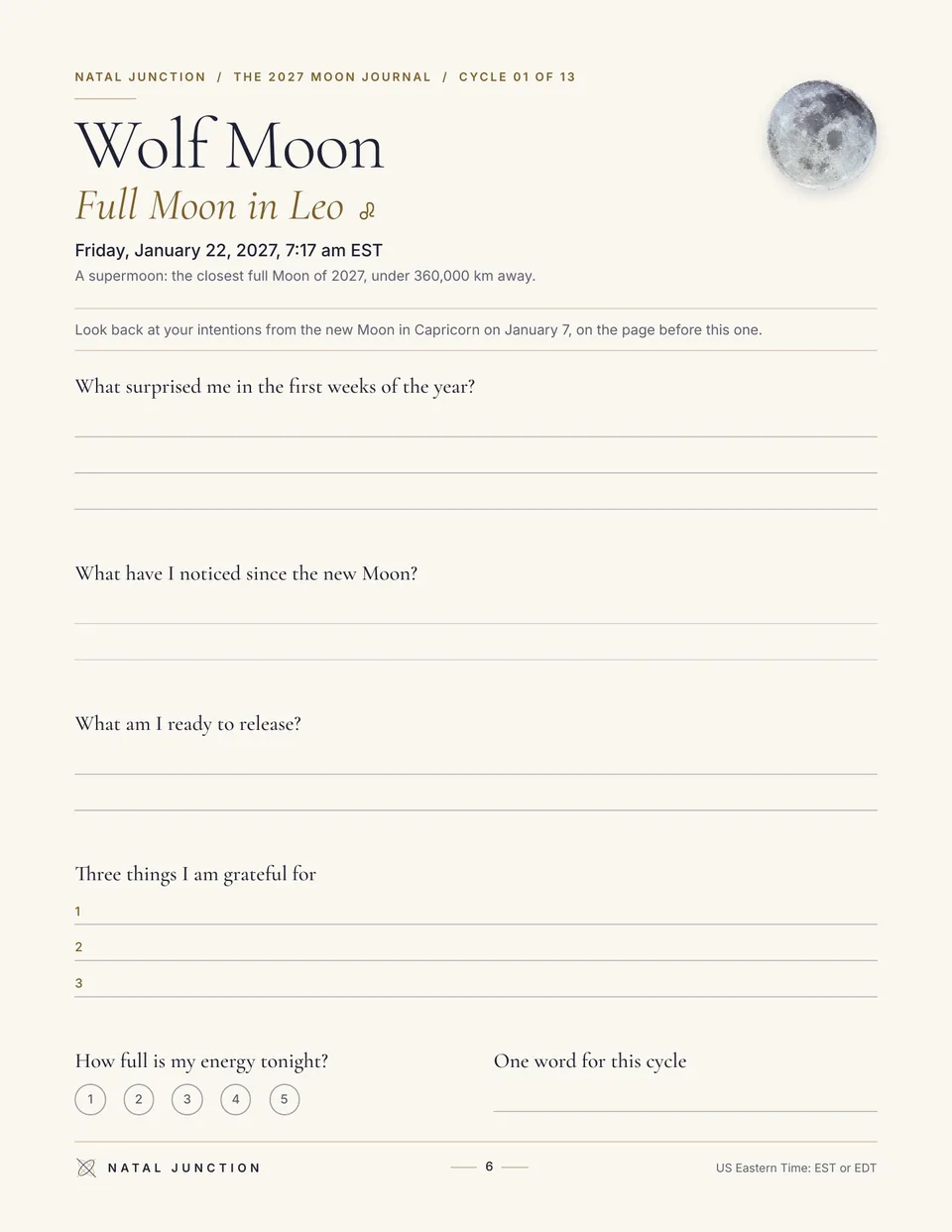 The full Moon page of cycle 1: the Wolf Moon, full Moon in Leo, Friday, January 22, 2027 at 7:17 am EST, with reflection questions and a 1 to 5 energy scale.