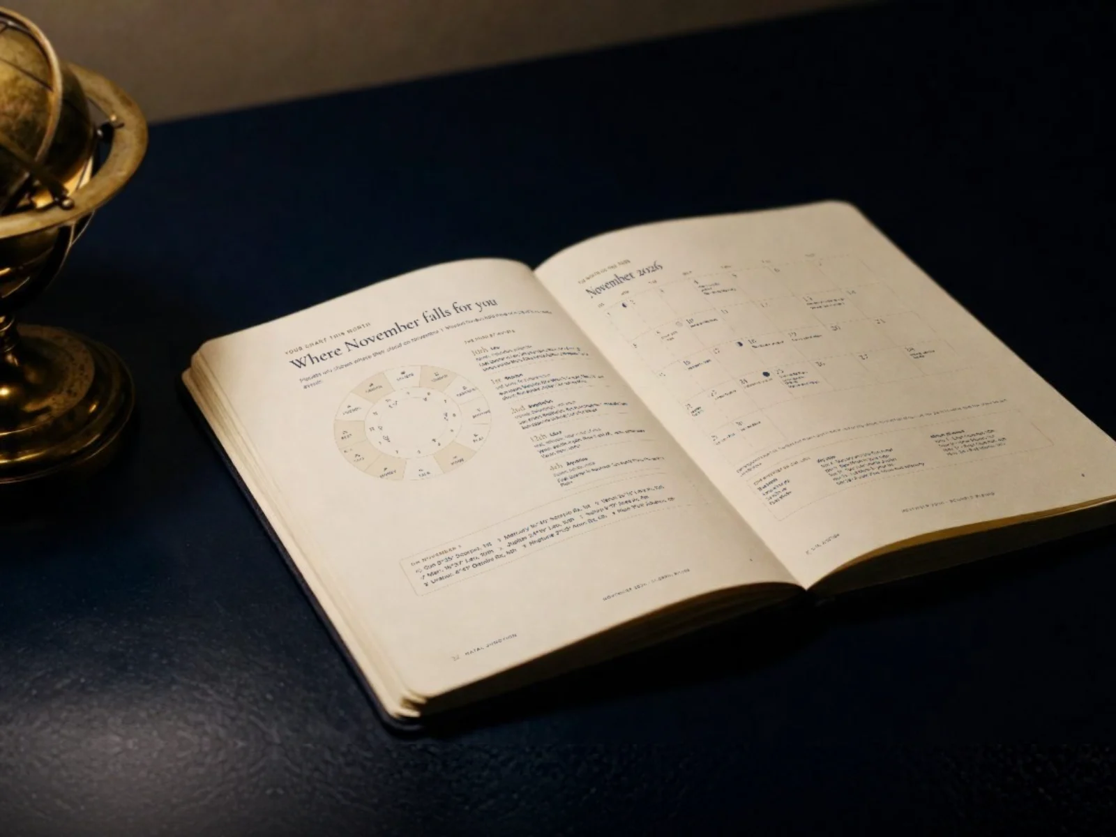 Mockup of the November 2026 guide open on a desk, showing the chart wheel and the month calendar pages