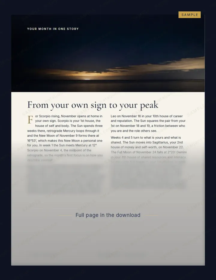 Sample of page 4: the month as one story for Scorpio rising, shown in part