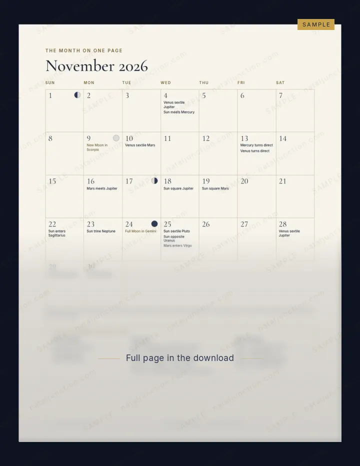 Sample of page 8: the November 2026 calendar with Moon phases and key days, shown in part