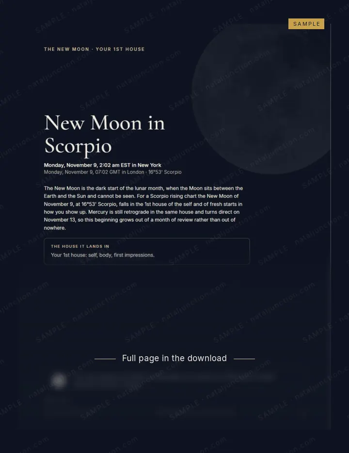 Sample of page 20: the New Moon in Scorpio page, shown in part