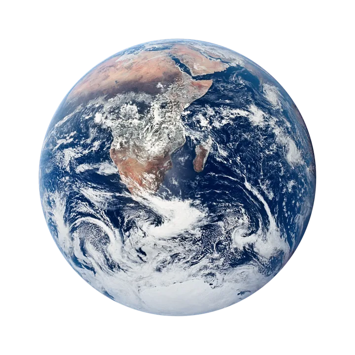 Earth photographed by the Apollo 17 crew in December 1972, Africa and the Antarctic ice under swirling cloud.