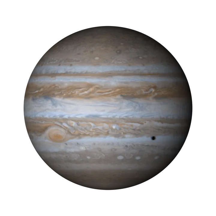 Jupiter in true colour from the Cassini spacecraft, its cream and rust cloud bands and the Great Red Spot.
