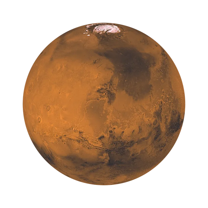 Mars from the Viking orbiters, a rust-red globe crossed by the canyon system Valles Marineris.
