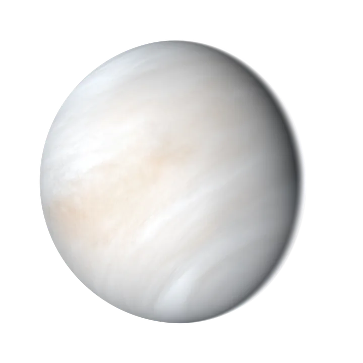 Venus in natural colour from Mariner 10, a pale, almost featureless cloud-covered globe.